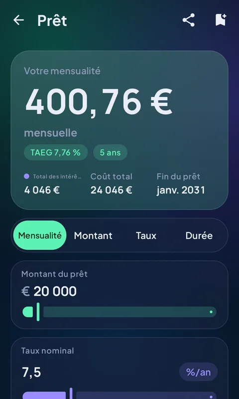 Calculateur LoanMivo affichant la mensualité, les intérêts et le détail du remboursement